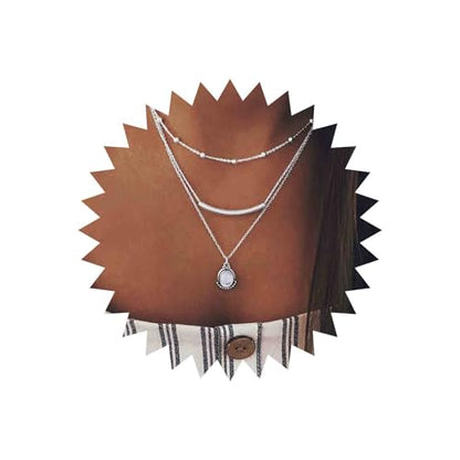 Boho Layered Opal Moonstone Necklace Choker Silver Carved Bar Necklace Tube Necklace Vintage Multi Layer Necklace Chain Jewelry for Women