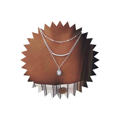 Boho Layered Opal Moonstone Necklace Choker Silver Carved Bar Necklace Tube Necklace Vintage Multi Layer Necklace Chain Jewelry for Women