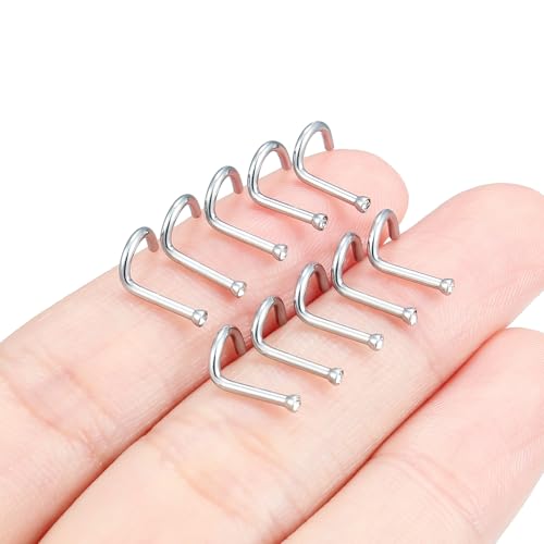 Hoeudjo Nose Studs Surgical Steel Cubic Zirconia Nose Rings Kit for Women Men Tiny Nose Stud Bone & Screw & L Shaped Nostril Piercing Jewelry 18/20/22/24 Gauge 10 Pieces - color: silver-tone,screw nose studs, size: 18g/1.5mm clear CZ