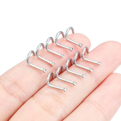 Hoeudjo Nose Studs Surgical Steel Cubic Zirconia Nose Rings Kit for Women Men Tiny Nose Stud Bone & Screw & L Shaped Nostril Piercing Jewelry 18/20/22/24 Gauge 10 Pieces - color: silver-tone,screw nose studs, size: 18g/1.5mm clear CZ