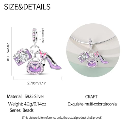 Charm for Bracelets and Necklaces Heart Cat Flower Boy 925 Sterling Silver Bead Birthday Jewelry Gift for Women - color: Purple Camera Bag and High Heels Triple Charms