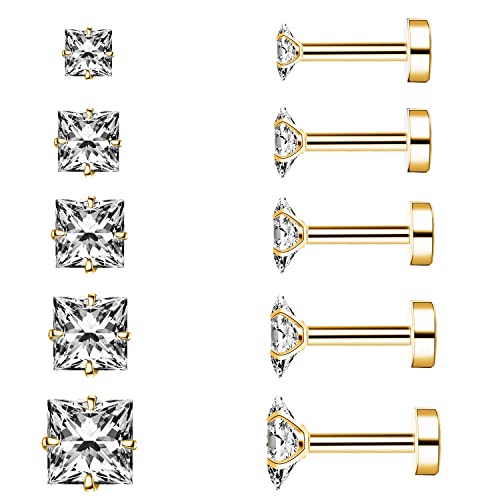 Princess Cut Clear Cubic Zirconia Stud Earrings for Women Men Square Earrings Studs Hypoallergenic Surgical Steel Helix Screw Back Earrings 18G 5 Pairs 3-7mm - color: Gold