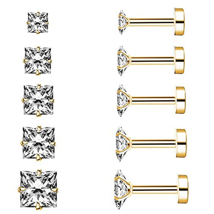 Princess Cut Clear Cubic Zirconia Stud Earrings for Women Men Square Earrings Studs Hypoallergenic Surgical Steel Helix Screw Back Earrings 18G 5 Pairs 3-7mm - color: Gold