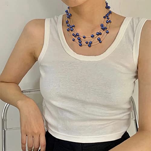 FULU AUTUMN Layered Pearl Necklace Multi-strand Pearl Choker Necklaces for Women Beaded jewelry for Wedding Parties - color: Blue