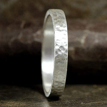 925 Sterling Silver Wedding Ring Hammered Flat Pipe Cut Textured Thick & Durable Handmade Unisex Mens & Women Rustic Engagement Promise Band - US Size 4-13 - Custom Engraving - color: 01 - 3mm Silver