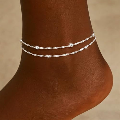 Moodear Ankle Bracelets for Women 14K Silver Plated Layered Chain Anklets | Waterproof Non Tarnish Adjustable Double Layer Anklet with Satellite Bead Chain Design for Summer Beach Jewelry Gift - color: silver-3