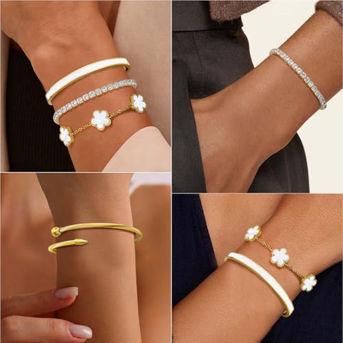MOINSPIRE Gold Bracelets for Women, 18K Gold Plated Tennis Nail Clover love Bangle Bracelets Set Non Tarnish, Stainless Steel Trendy Stackable Bracelet Fashion Jewelry Accessories Gifts for Christmas - color: A2-White