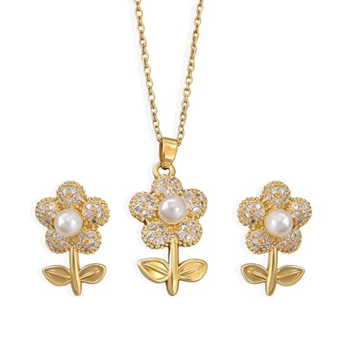 Wedding Jewelry Sets for Brides Bridesmaid Pearl Jewelry Set Fancy Gold Flower Necklace and Earrings Simple Pearl Necklace for Women Bridal Earrings Wedding Accessories Essentials Gifts - color: B1:2pcs flower jewelry set