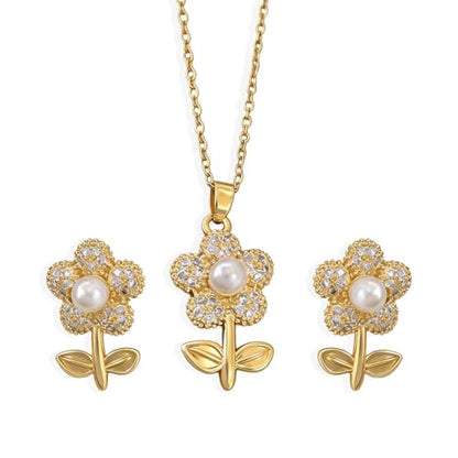 Wedding Jewelry Sets for Brides Bridesmaid Pearl Jewelry Set Fancy Gold Flower Necklace and Earrings Simple Pearl Necklace for Women Bridal Earrings Wedding Accessories Essentials Gifts - color: B1:2pcs flower jewelry set