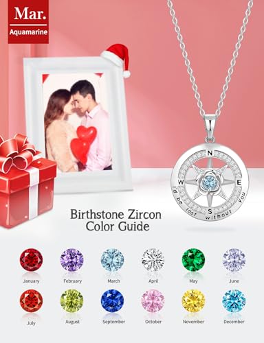 Meeshi Silver Compass Necklace for Women Birthday Gifts for Wife Anniversary Necklace for Women Rose Flower Birthstone Necklaces for Wife Jewelry for Womens Girlfriend Mom Daughter - style: 03-March-Aquamarine