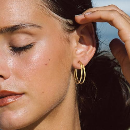 Large Thin Double Hoop Earrings for Women Lightweight Hypoallergenic 925 Sterling Silver Post 14K Gold Hoops Non Tarnish Sturdy Big Thin Double Layered Hoop Earrings 30/40/50/60mm - color: Gold, size: 20mm