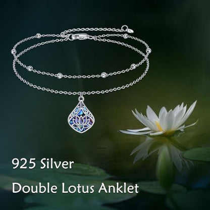 POPLYKE 925 Sterling Silver Double Layered Chain Evil Eye Daisy Sunflower Butterfly Anklets for Women Holiday Beach Crystal Ankle Bracelet Dainty Evil Eye Jewelry - style: Abalone Lotus Anklet