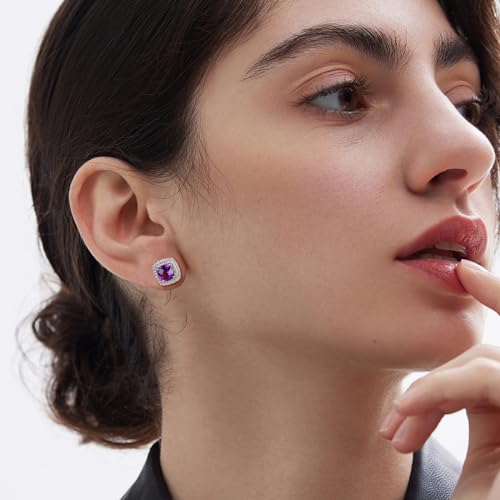 Dainty Birthstone Earrings for Women Sterling Silver Small Stud Earrings with Halo Cushion/Round Created Gemstone Earrings Birthstone Jewelry - style: A 02. Feb./created amethyst-cushion cut