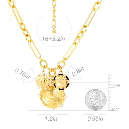 ORIGENCE Sun Heart Necklace for Women 18K Gold Plated Heart Pendant Necklace Chunky Chain Choker Necklaces Hip Hop Charm Necklaces Trendy Unisex Jewelry - style: 3Charm-Gold