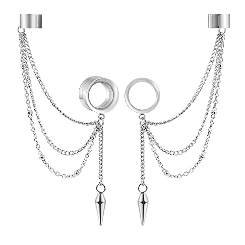 2PCS 6mm-25mm (2G-1") Trendy Cuff Clip Triple Chain Dangle Ear Plugs Gauges Screw Ear Tunnels for Women Men Hypoallergenic 316 Stainless Steel Ear Body Piercing Jewelry - size: 19mm/3/4
