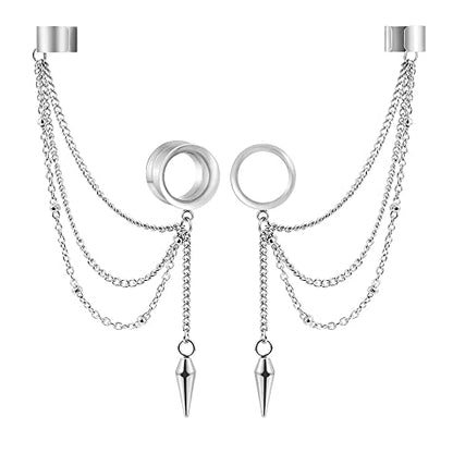 2PCS 6mm-25mm (2G-1") Trendy Cuff Clip Triple Chain Dangle Ear Plugs Gauges Screw Ear Tunnels for Women Men Hypoallergenic 316 Stainless Steel Ear Body Piercing Jewelry - size: 14mm/9/16