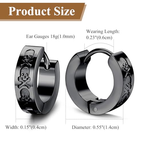 Aroncent 2-8Pcs Womens Mens Huggie Hoop Triangle Earrings Viking Runes Stainless Steel Ear Stud Novelty Black/Gold/Silver - color: D-Skull Hoop Earrings-Black