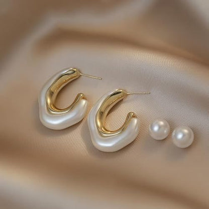 Acrylic Open Hoop Statement Earrings for Women,Fashion Chunky Geometric Resin Double Sided C Earrings,Minimalist Pearl Open Hoop Earrings Jewelry