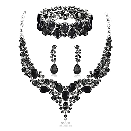 Rhinestone Bridal Jewelry Sets for Women Crystal Necklace Earrings Bracelet Set Silver-Tone Wedding Bridal Bridesmaid Gifts fit with Wedding Dress - color: C:3pcs-Black Tone Necklace + Earrings + Bracelet set