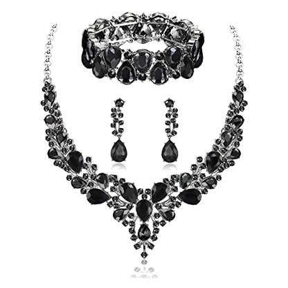 Rhinestone Bridal Jewelry Sets for Women Crystal Necklace Earrings Bracelet Set Silver-Tone Wedding Bridal Bridesmaid Gifts fit with Wedding Dress - color: C:3pcs-Black Tone Necklace + Earrings + Bracelet set