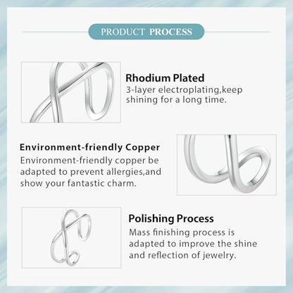 Silver Open Adjustable Stacking Rings for Women, Minimalist Wrap Band Set, Geometric/Heart/Wave/Leaf/Spiral Styles, Hypoallergenic, Gift Box Included, Thumb Ring Option - color: Cross