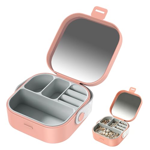 Mini Box Portable Travel Jewelry Box with Mirror, Multifunctional Storage Case for Earrings, Necklaces, Rings and Other Small Items (Pink) - color: Pink