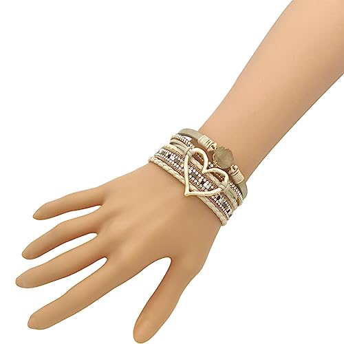 Womens Love Heart Leather Wrap Bracelet Multi-layer Stacked Bangle | Magnetic Clasp Soft PU Leather Resin Stone Rhinestone Boho Style Birthday Valentine Christmas Bohemian Jewelry Gift - color: Khaki