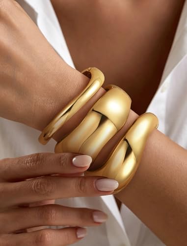 Chunky Gold Bangle Bracelets for Women – 14k Gold Plated | Cuff Bangles, Stackable Bracelet Set, Wide Trendy Fashion, Jewelry Gift - color: 02-Gold-3pcs