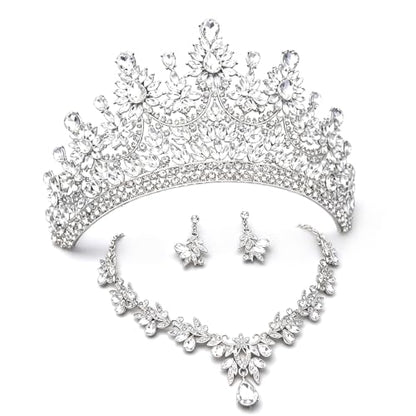 Crowns and Tiaras Jewelry Set for Women.Wedding (Gold Green) | Wedding Crown, Necklace Earrings, Princess Queen Birthday Party, Pageant Bridal, Costume Accessories - color: Silver White