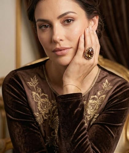 NYFASHION101 Radiant Teardrop Stone Adjustable Cocktail Statement Ring - color: Brown/Gold-Tone