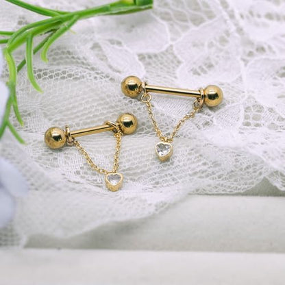 14G Nipple Rings for Women 316L Stainless Steel Dangle Nipple Barbell Nipple Studs Rings Nipple Piercing Jewelry - color: gold heart