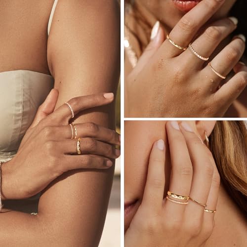 EXGOX Dainty Stackable Gold Rings - 14K Gold Plated, Non Tarnish Cubic Zirconia Stacking & Thumb Knuckle Rings (4pcs Size 7-11) - color: Shiny Star Style, size: 11