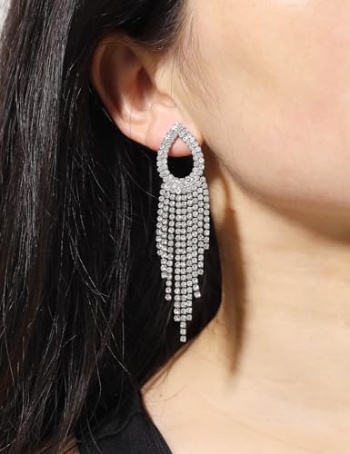 Rhinestone Teardrop Tassel Earrings Sparkly Crystal Bridal Party Jewelry for Women - color: Silver