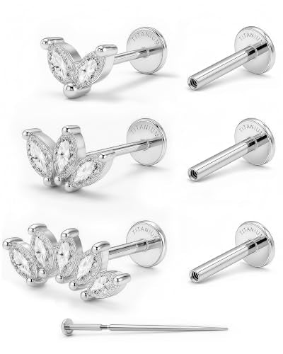 YACHY ASTM F136 G23 Titanium Flat Back Stud Earrings, Internally Threaded Screw-On Hypoallergenic Body Piercing Jewelry for Everyday Wear, Tragus Helix Conch Monroe Medusa Lip, 18G 6mm 8mm - color: Luna Laurel--3pcs+3bar--Silver, size: 6mm+8mm