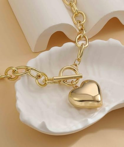 Chunky Gold Necklace for Women Trendy Non Tarnish 14K Gold Plated Paperclip Chain Charm Necklaces Chunky Heart Cross Clover Pearl Pendant Necklace with Toggle Clasp Statement Jewelry Gift for Women - color: A-Heart