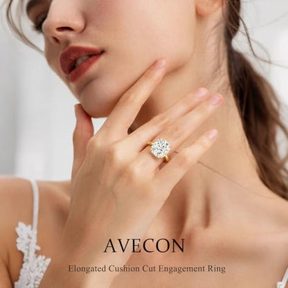 AVECON 3CT/5CT Elongated Cushion Cut Engagement Ring for Women, Promise Wedding Cubic Zirconia 14K Gold/White Gold Plated Band Size 5-9 - color: Gold-3CT