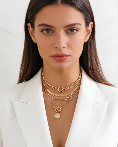 Gold Layered Necklaces for Women Chunky Layered Gold Link Chain Necklaces Trendy Paperclip Herringbone Toggle Clasp Necklace Statement Jewelry Accessories for Her - color: A4:layered western necklaces