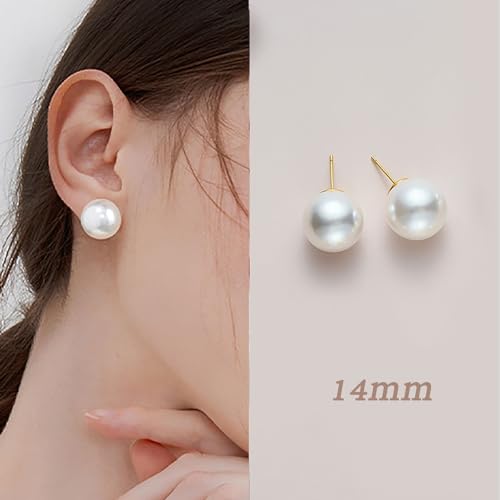 Oversized Faux Pearl Stud Earrings for Women, 14K Gold Plated Sterling Silver Hypoallergenic Large Classic Lightweight Pearl Earrings - size: White-14mm