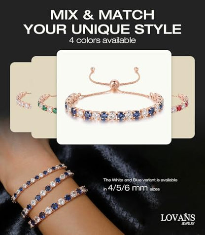 Lovans 14K Gold Plated Tennis Bracelets,White/Yellow/Rose Gold-plated Adjustable Cubic Zirconia Tennis Bracelet for Women - color: Rose Gold, size: 6MM Blue
