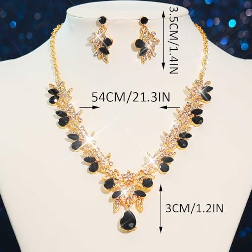 Rhinestone Bridal Wedding Jewelry Sets Gold Necklace Earrings Set Leaf Prom Formal Costume Jewelry Set for Women and Brides - color: Black Gold