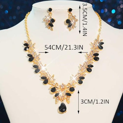 Rhinestone Bridal Wedding Jewelry Sets Gold Necklace Earrings Set Leaf Prom Formal Costume Jewelry Set for Women and Brides - color: Black Gold