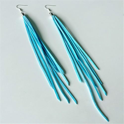 Leather Tassel Earrings Bohemian Tassel Fringe Dangle Earrings Boho Handmade Leather Feather Long Tassel Earrings Western Jewelry for Women - color: Light Blue