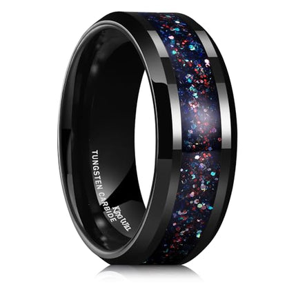 King Will Mens Galaxy Tungsten Wedding Band | 6mm/8mm, Beveled Edge, Comfort Fit, Durable, Sandstone Opal Inlay Polished, Everyday Wear - color: Colorful
