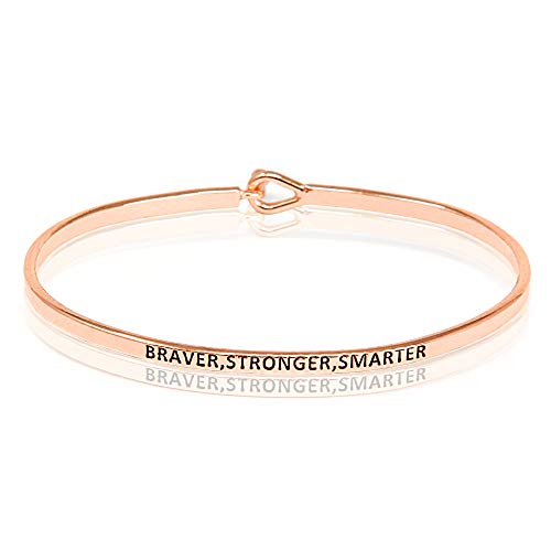 SM Inspirational Positive Message Engraved Thin Cuff Bangle Bracelets for Women (Braver,Stronger,Smarter - Rose gold)