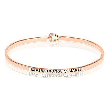 SM Inspirational Positive Message Engraved Thin Cuff Bangle Bracelets for Women (Braver,Stronger,Smarter - Rose gold)