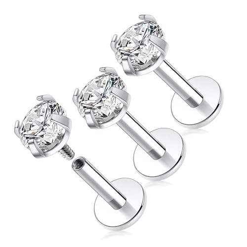 GAGABODY G23 Titanium 16G 6/8/10mm Clear CZ/Opal Internally Threaded Labret Monroe Lip Studs 6mm Helix Cartilage Tragus Earring Piercing - color: 16G-3Pcs-Silver-Length:6mm CZ:4mm