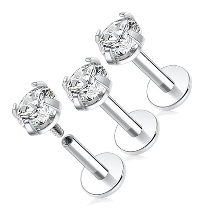GAGABODY G23 Titanium 16G 6/8/10mm Clear CZ/Opal Internally Threaded Labret Monroe Lip Studs 6mm Helix Cartilage Tragus Earring Piercing - color: 16G-3Pcs-Silver-Length:6mm CZ:4mm