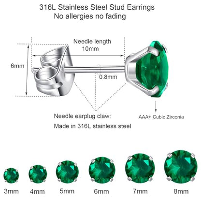 6 Pairs Stud Earrings Set, Hypoallergenic Cubic Zirconia Earrings 316L Stainless Steel CZ Earrings 3-8mm - color: A-Emerald CZ
