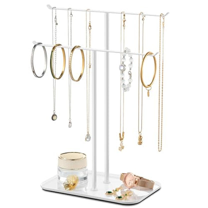 pickpiff Necklace Holder Jewelry Organizer Stand – 2‑Tier T‑Bar Jewelry Display Tree with Tray for Countertop Necklace Bracelet Earring Storage, Vanity Dresser Bathroom Sink, White - color: White
