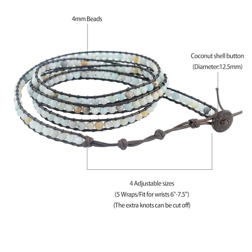 Genuine Stone Wrap Bracelets for Women Natural Crystal Beaded Wrap Bracelet 2/3/5 Adjustable Bohemian Bracelets Jewelry Gifts for Women Mom - color: amazonite(5 wraps)